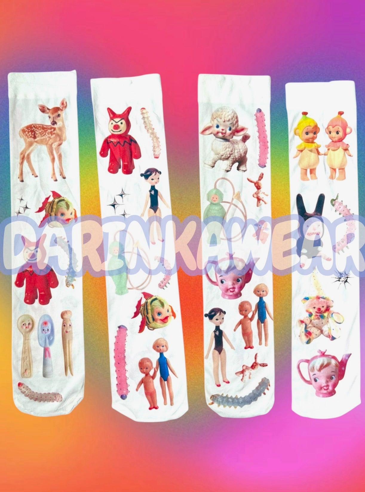 Retro Babycore Socks | 80 Den Vintage Deer & Toy Print Knee-Highs | Y2K Kawaii Coquette Gift