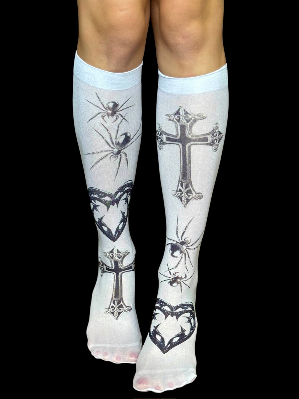 Handmade Gothic Knee High Socks – White Cross Spider Heart Print Stockings, Y2K Alt Goth Festival Leg Warmers, Creepy Cute Punk Accessories