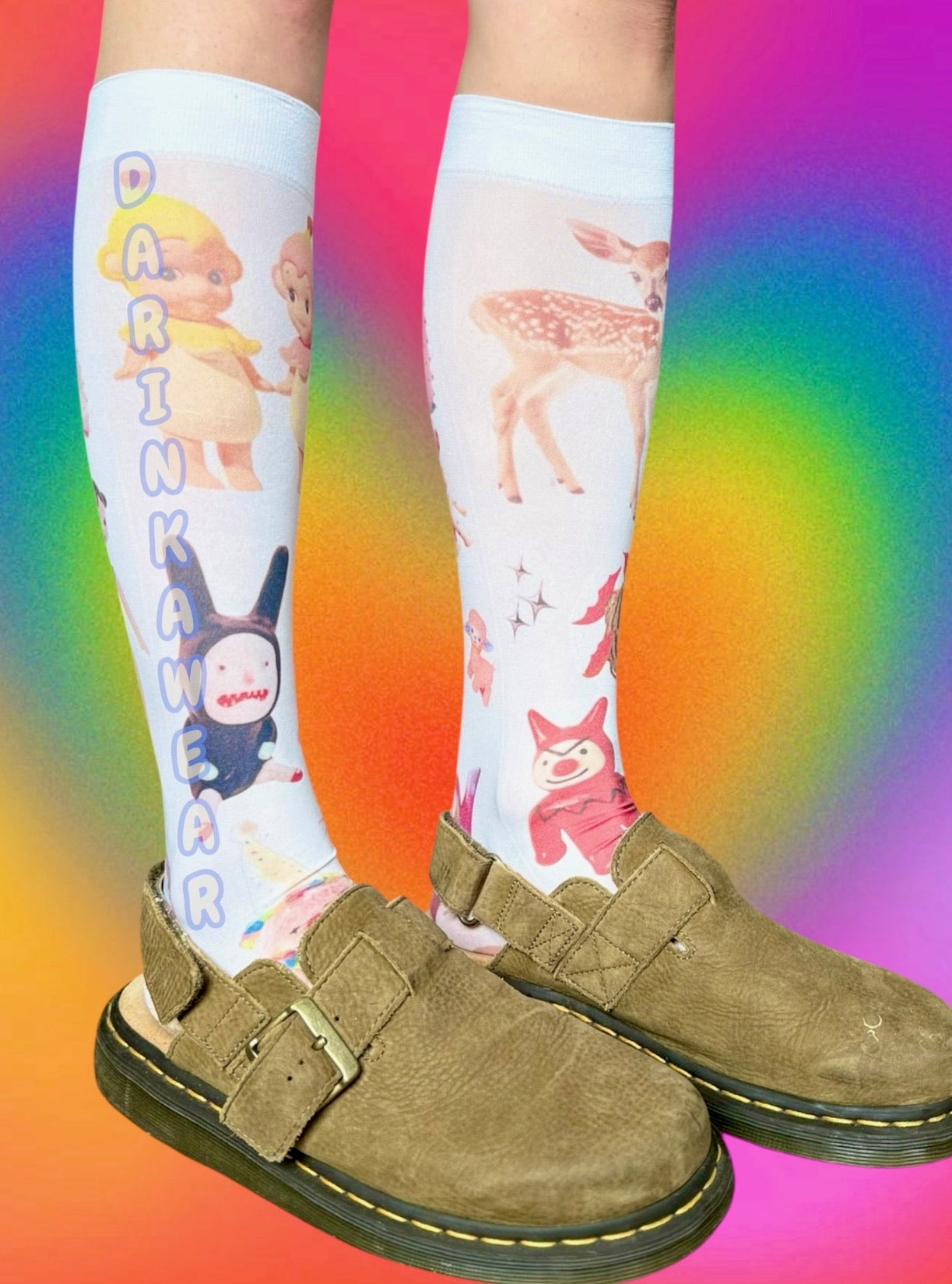 Retro Babycore Socks | 80 Den Vintage Deer & Toy Print Knee-Highs | Y2K Kawaii Coquette Gift
