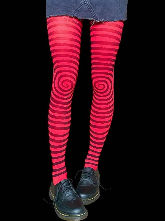 Red Spiral Striped Tights – Hypnotic Y2K Illusion Pantyhose