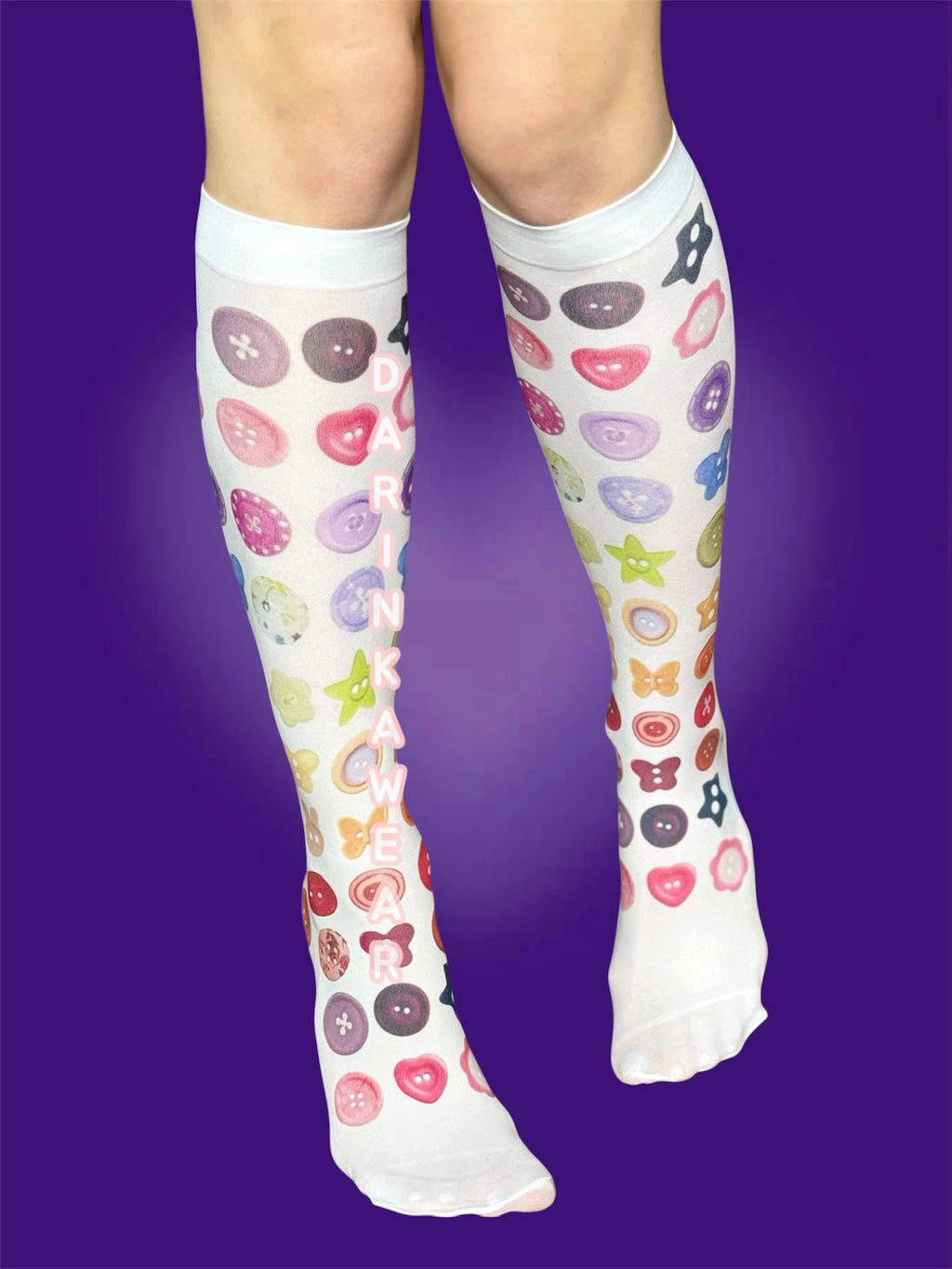Cute Button Knee High Socks, Sheer 40 Den Tights Socks, Kawaii Y2K Aesthetic Socks, Coquette Candy Print Hosiery