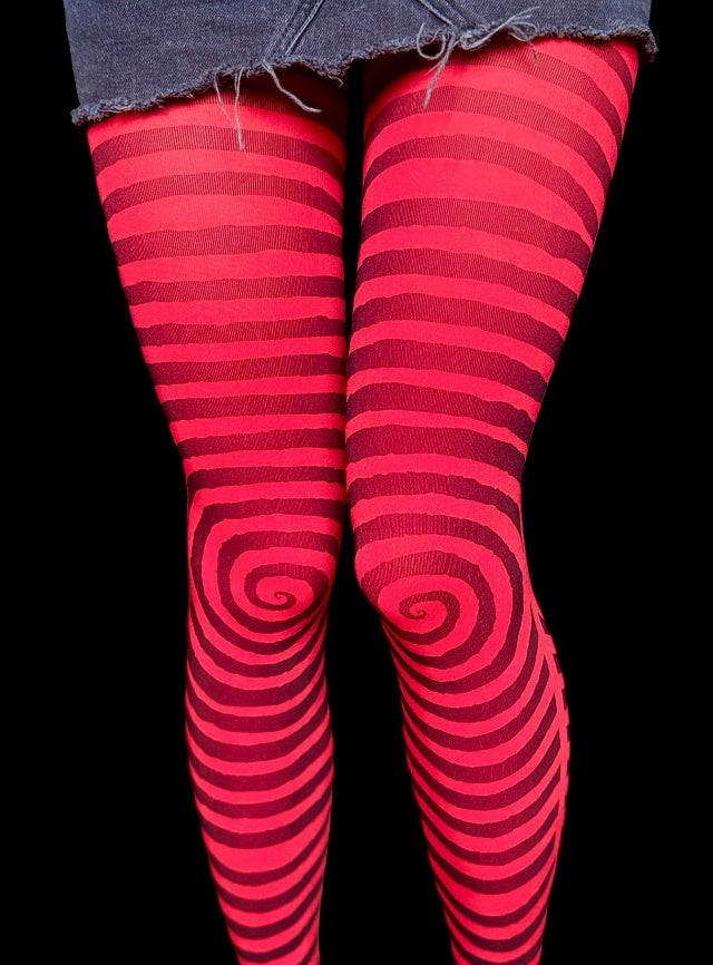 Red Spiral Striped Tights – Hypnotic Y2K Illusion Pantyhose