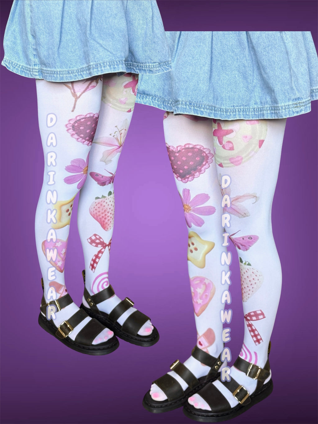 Kawaii Coquette Tights, Pastel Fairycore Pantyhose, Strawberry Heart Tights