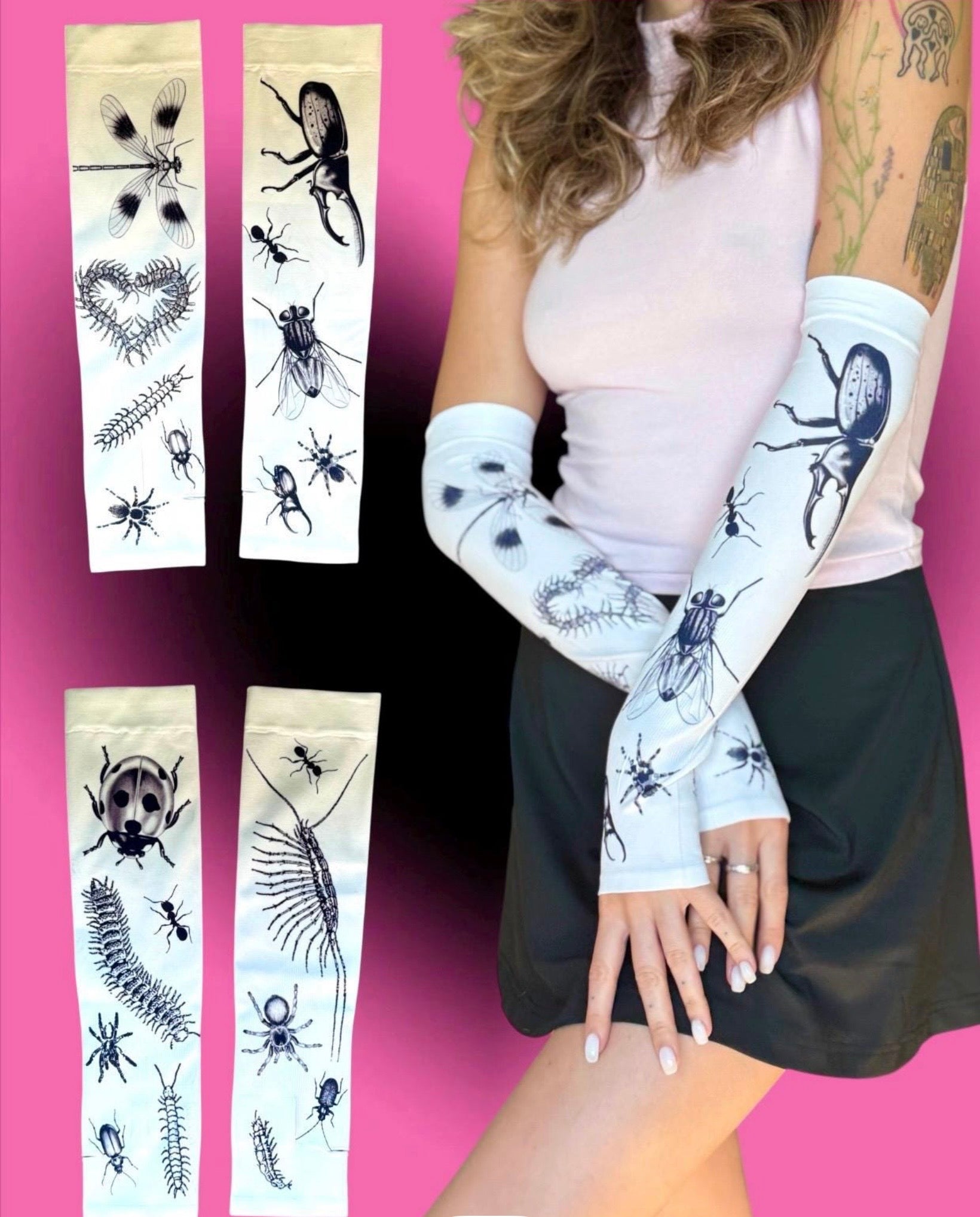 Bug Print Arm Sleeves Y2K Gothic Tattoo Style  | Creepy Cute Fly Spider Ant Print