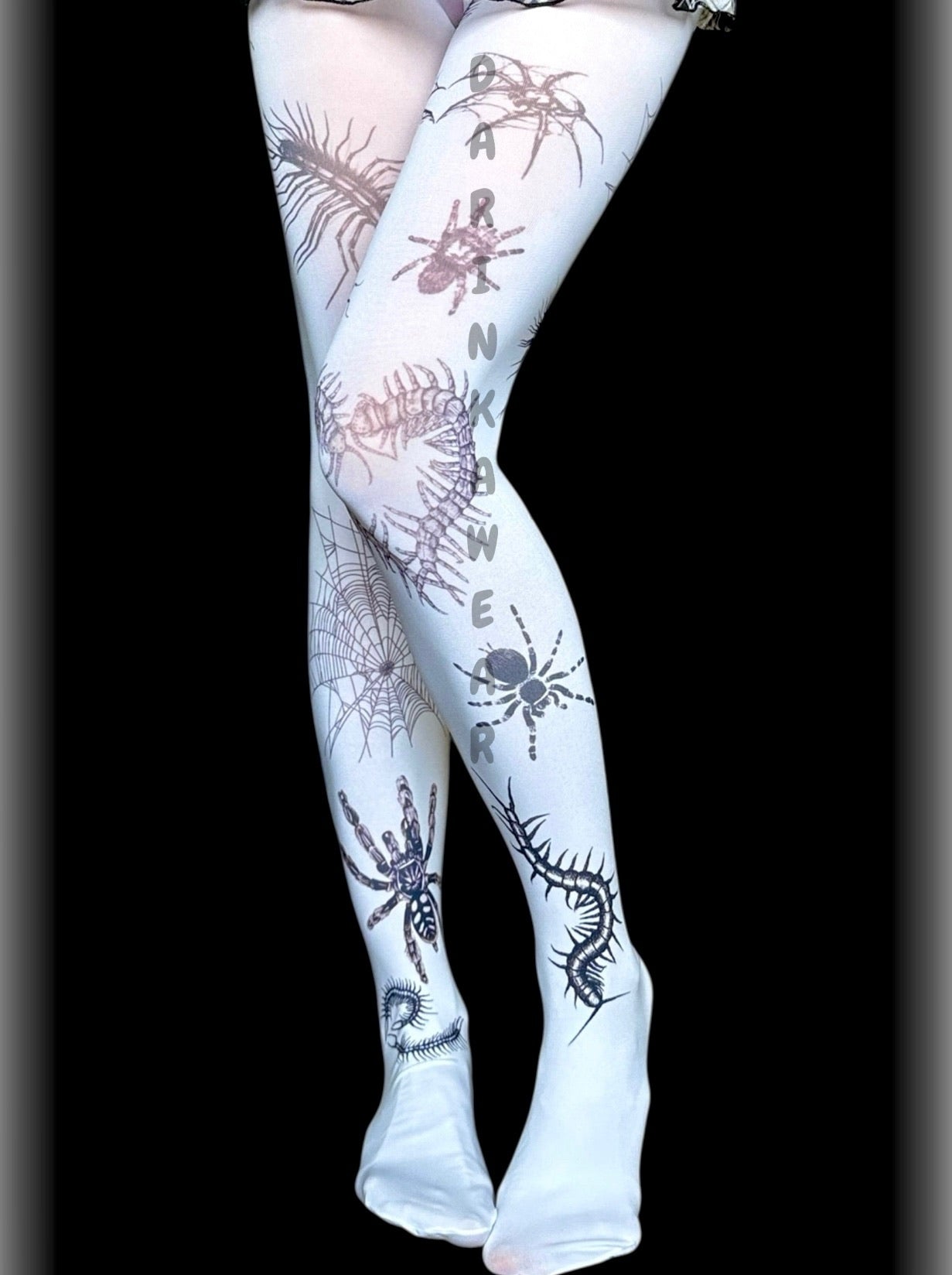White gothic spider print tights, Y2K creepy cute alternative pantyhose