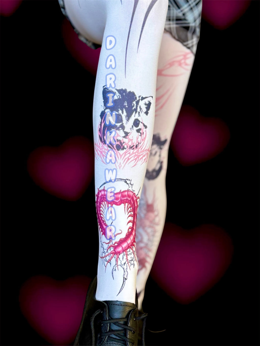 Goth Cat Tights, Creepy Cute Tattoo Leggings, Handmade Gift S-5XL