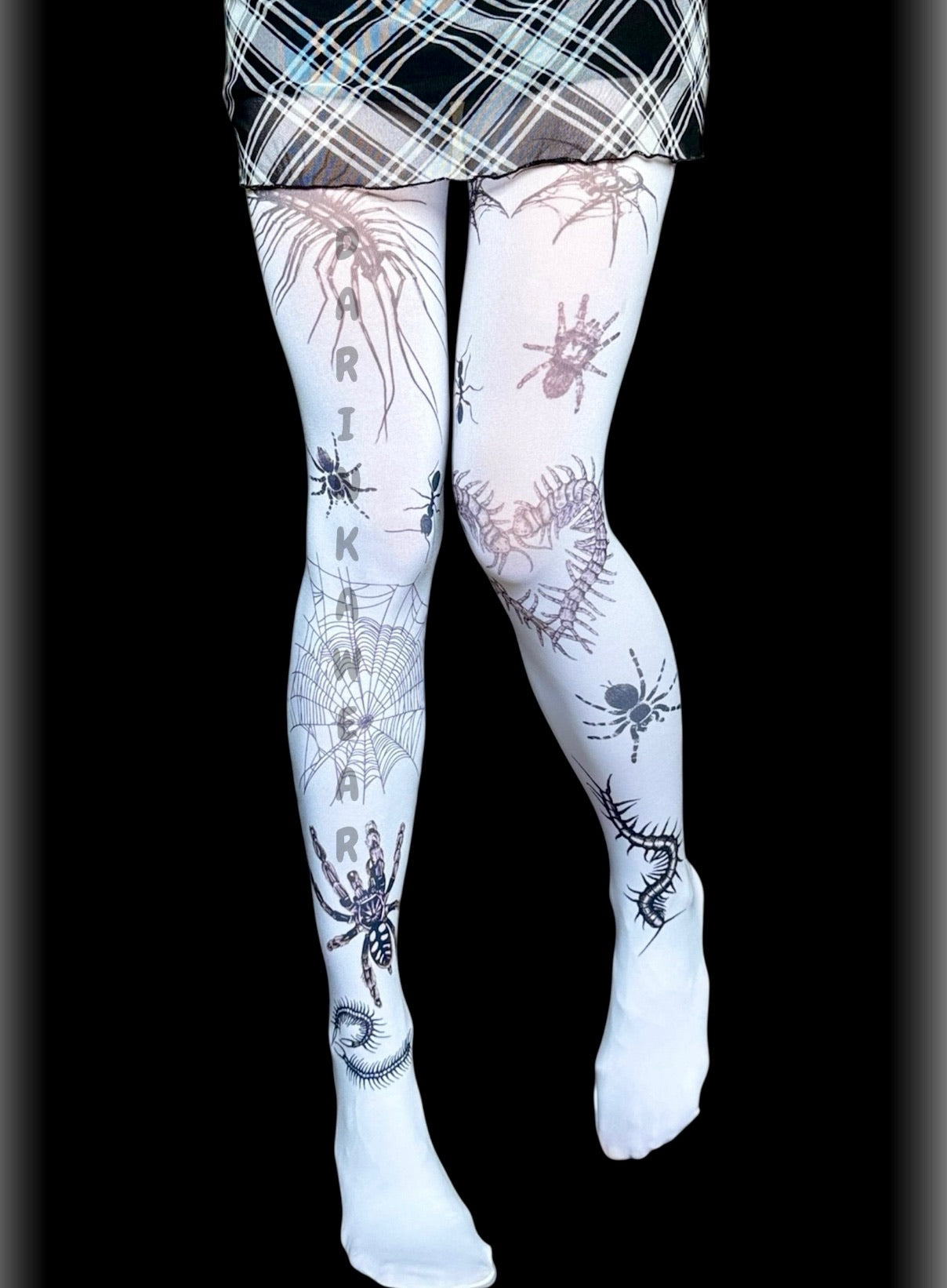 White gothic spider print tights, Y2K creepy cute alternative pantyhose
