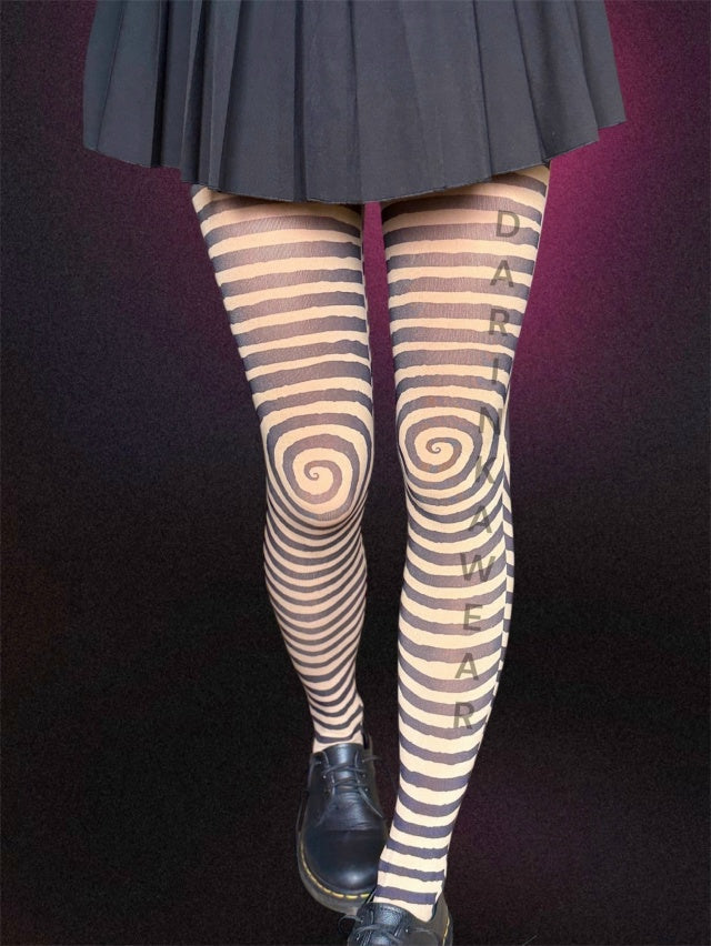 Black & Beige Spiral Striped Tights – Hypnotic Y2K Illusion Pantyhose