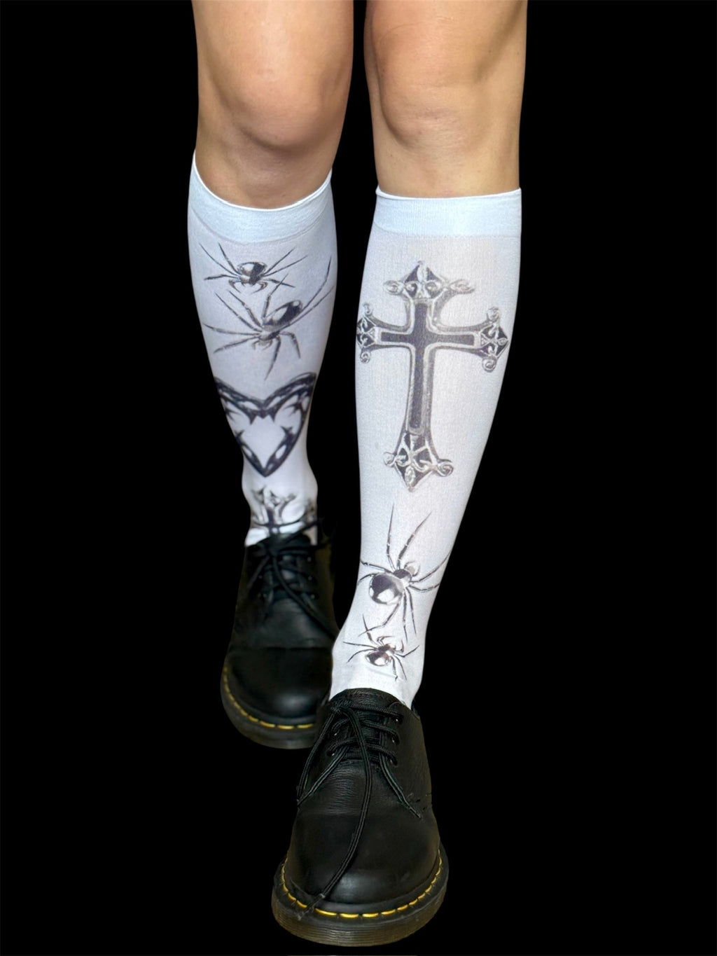 Handmade Gothic Knee High Socks – White Cross Spider Heart Print Stockings, Y2K Alt Goth Festival Leg Warmers, Creepy Cute Punk Accessories