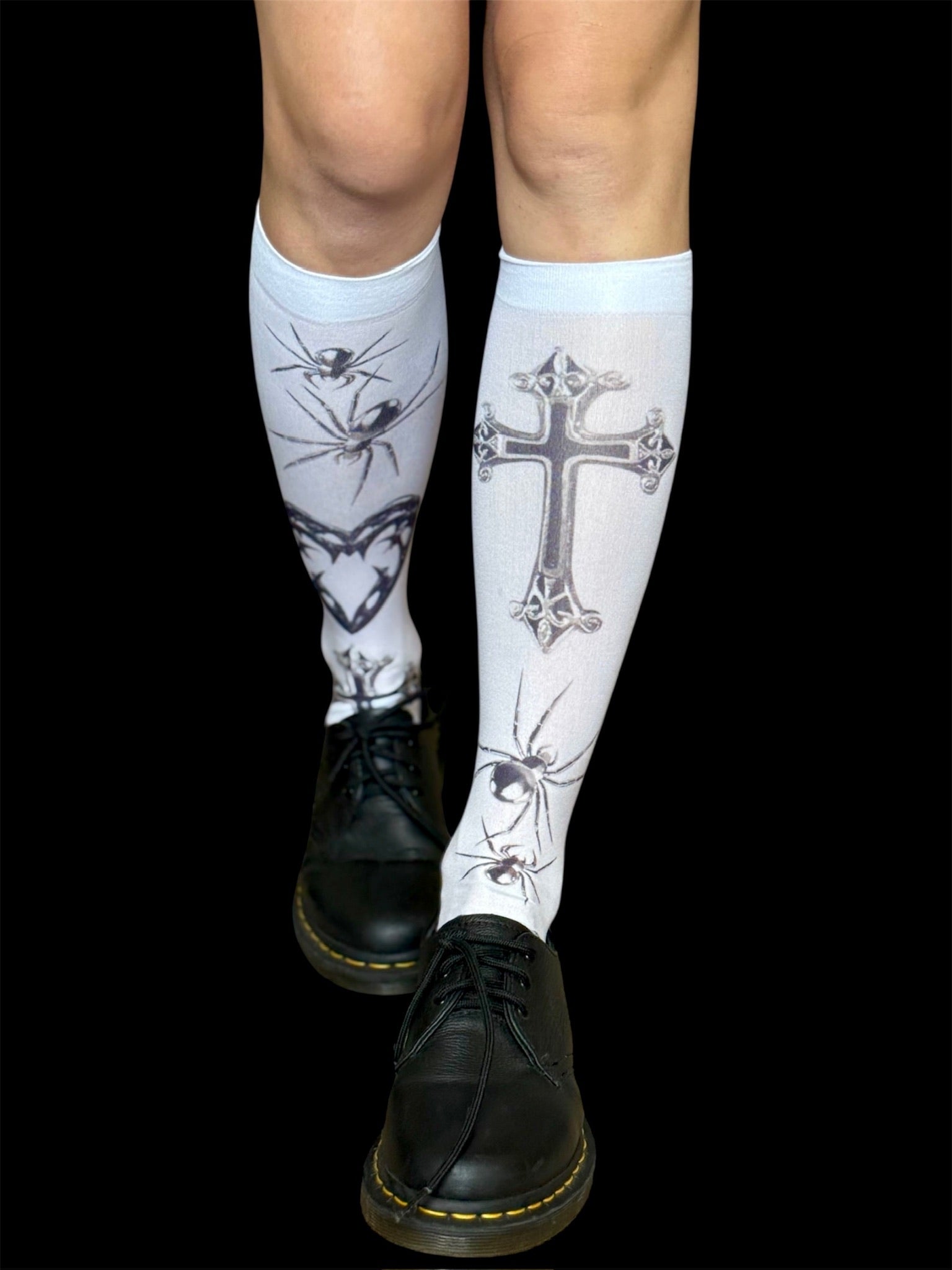 Handmade Gothic Knee High Socks – White Cross Spider Heart Print Stockings, Y2K Alt Goth Festival Leg Warmers, Creepy Cute Punk Accessories