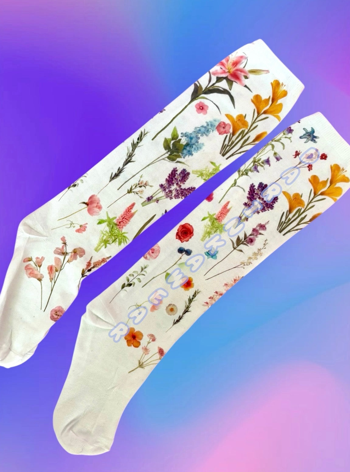 Floral Garden Socks | 80 Denier Botanical Print Knee-Highs | Cottagecore Y2K Coquette Gift