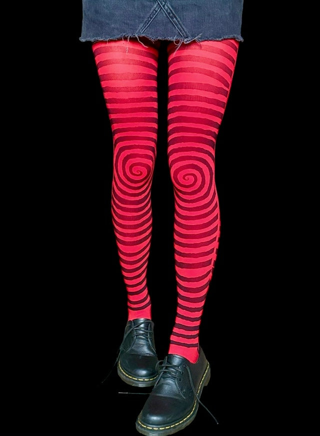 Red Spiral Striped Tights – Hypnotic Y2K Illusion Pantyhose