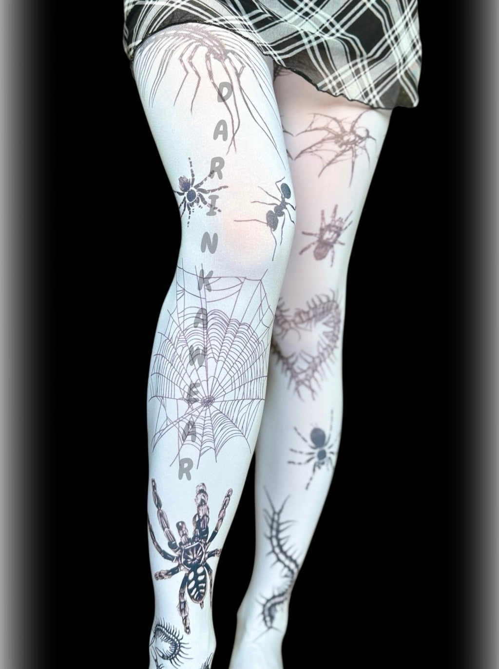 White gothic spider print tights, Y2K creepy cute alternative pantyhose