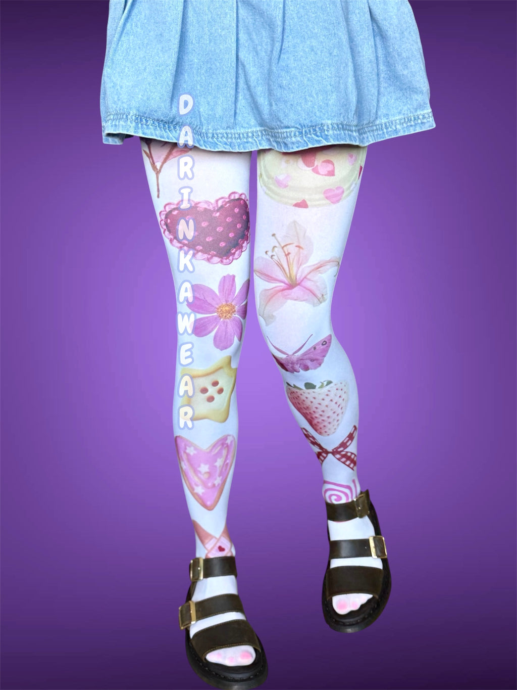 Kawaii Coquette Tights, Pastel Fairycore Pantyhose, Strawberry Heart Tights