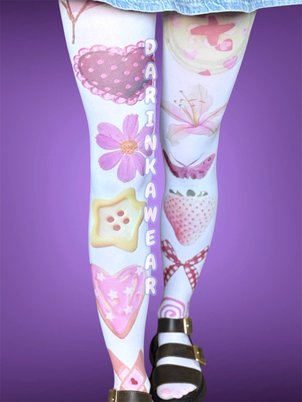 Kawaii Coquette Tights, Pastel Fairycore Pantyhose, Strawberry Heart Tights