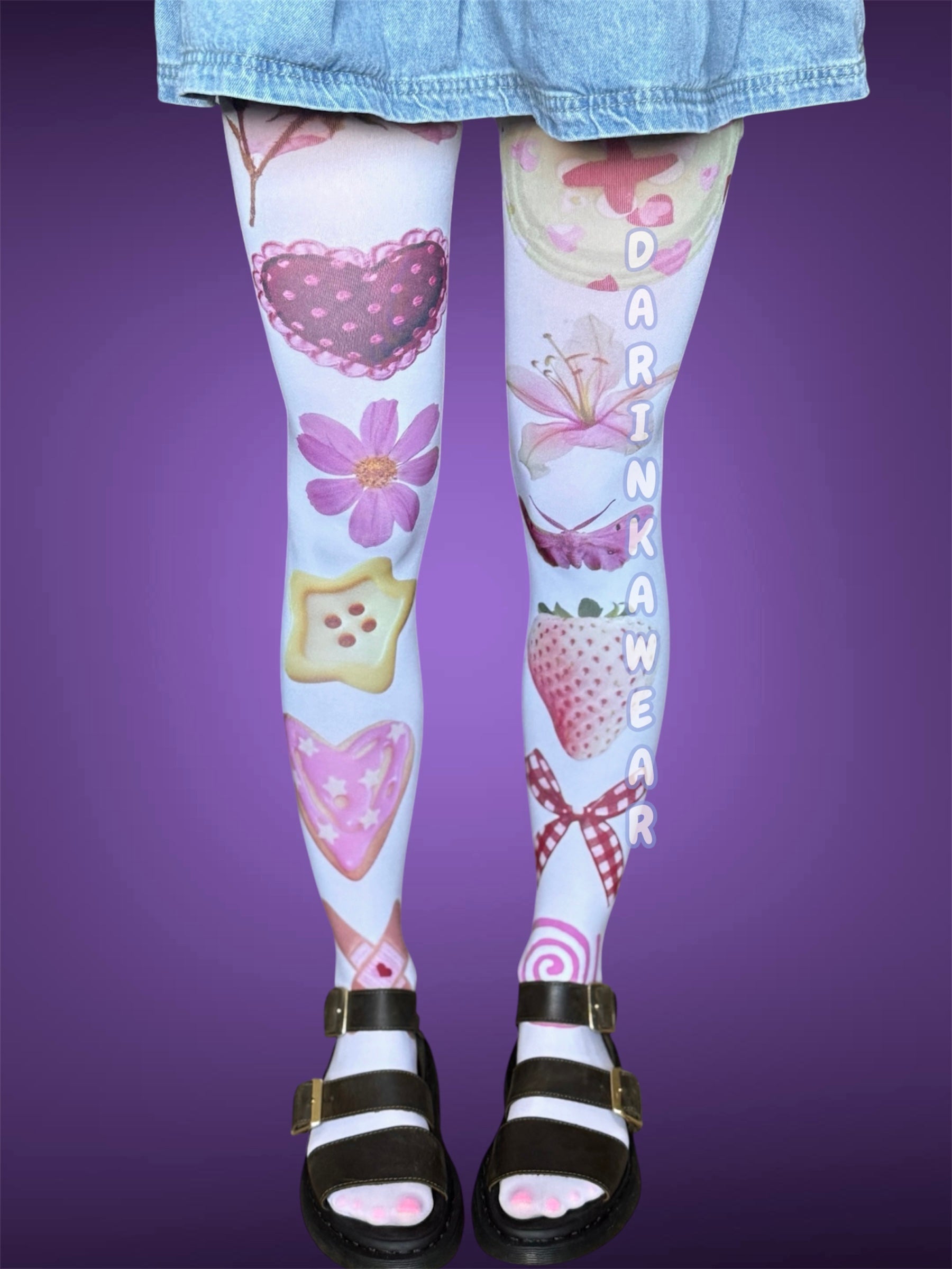 Kawaii Coquette Tights, Pastel Fairycore Pantyhose, Strawberry Heart Tights