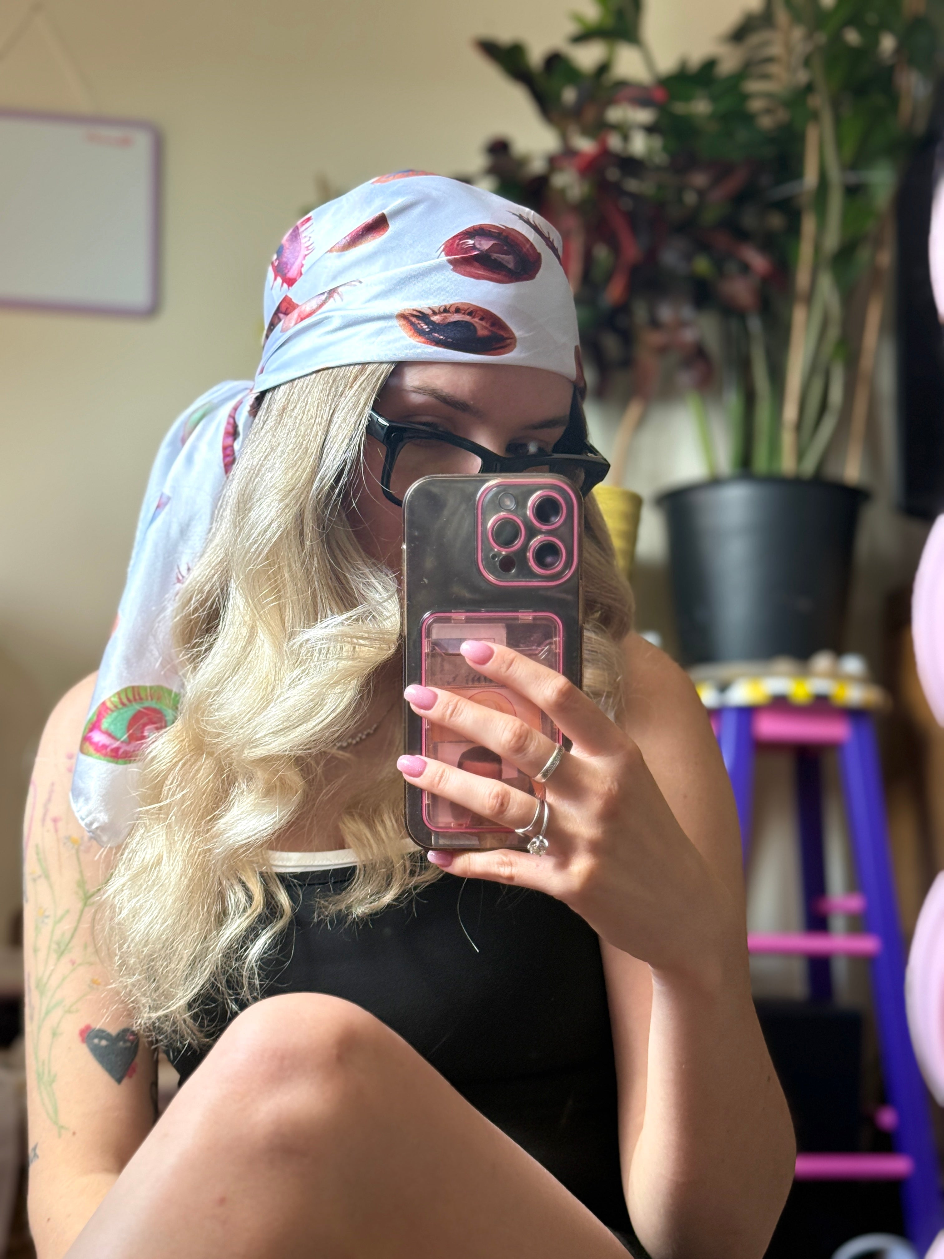 Eye Print Satin Bandana Scarf, Surreal Eye Head Scarf, Coquette Hair Scarf, Y2K Bandana, Artsy Neck Scarf, Whimsical Eye Kerchief Gift
