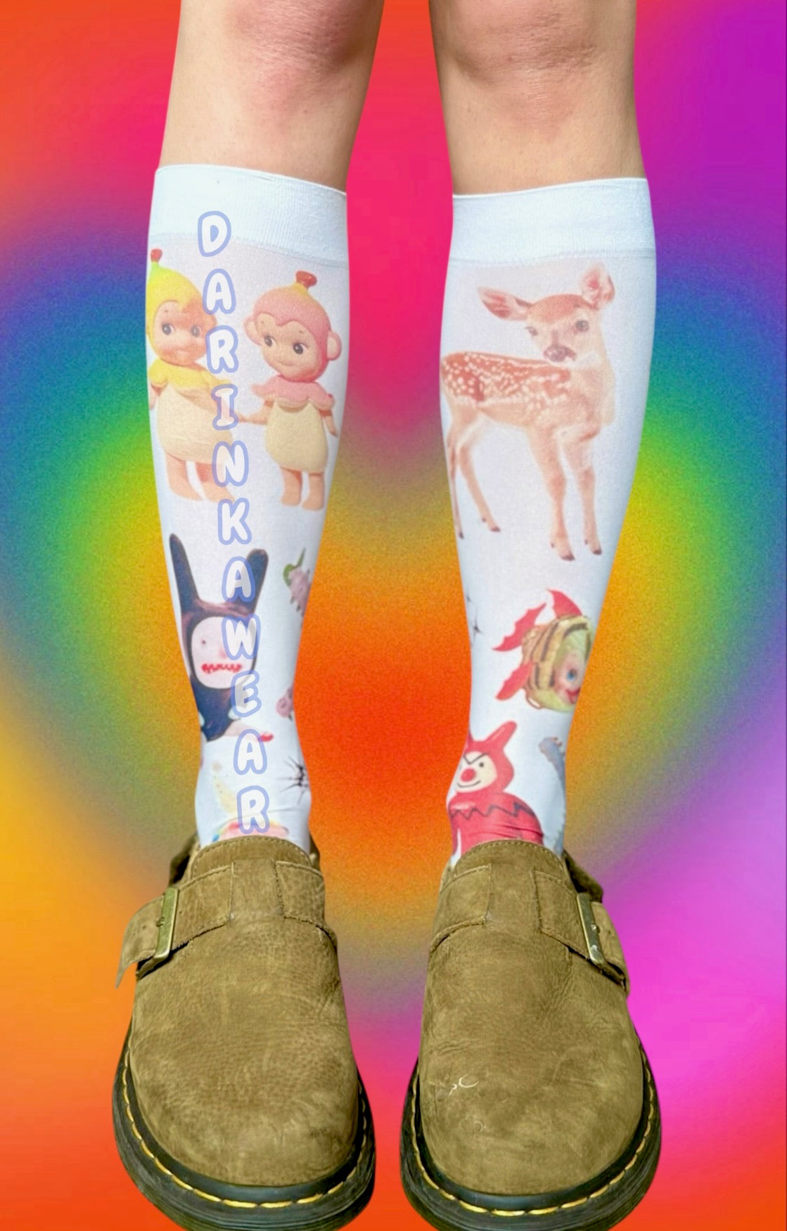 Retro Babycore Socks | 80 Den Vintage Deer & Toy Print Knee-Highs | Y2K Kawaii Coquette Gift