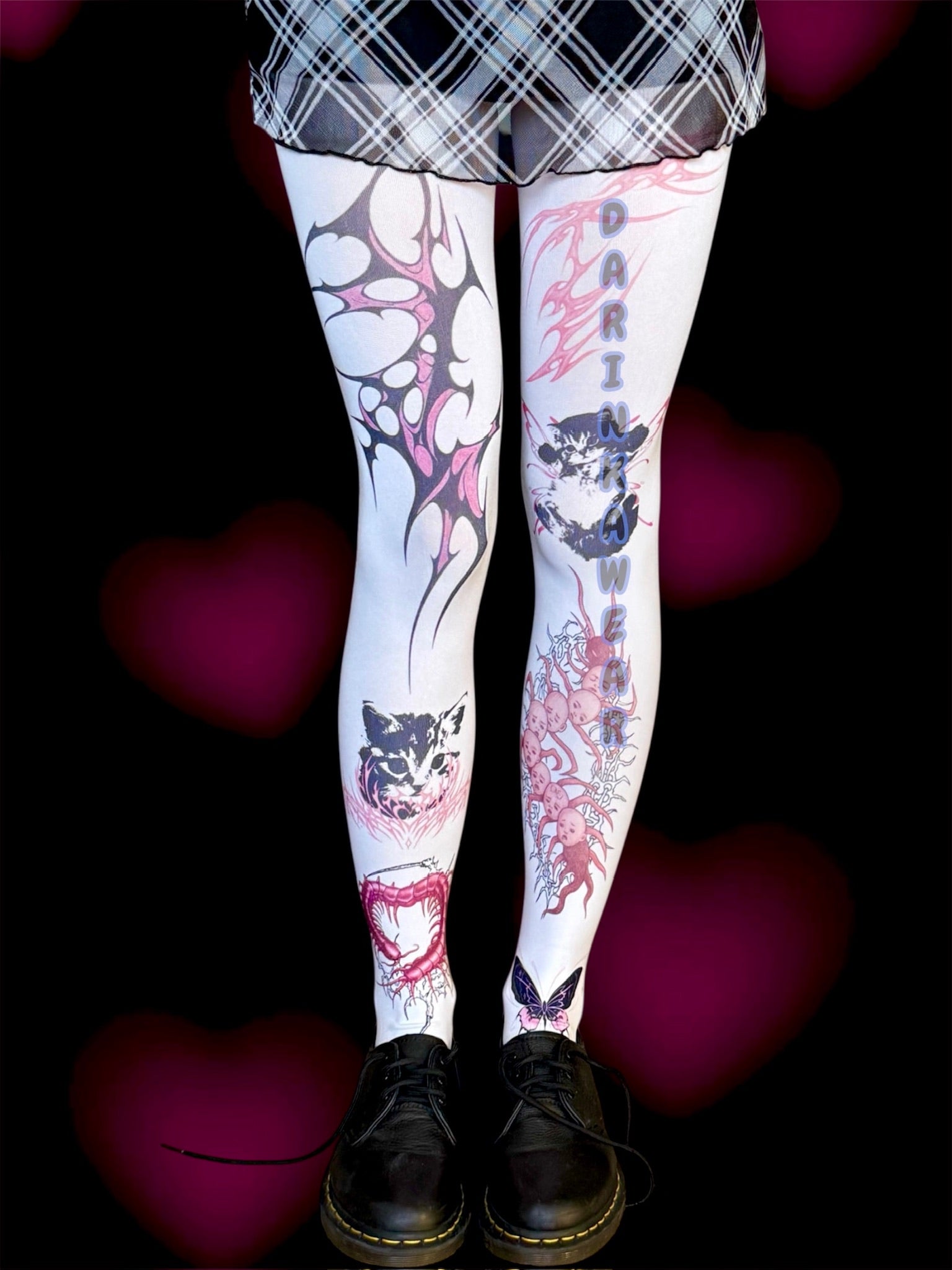 Goth Cat Tights, Creepy Cute Tattoo Leggings, Handmade Gift S-5XL