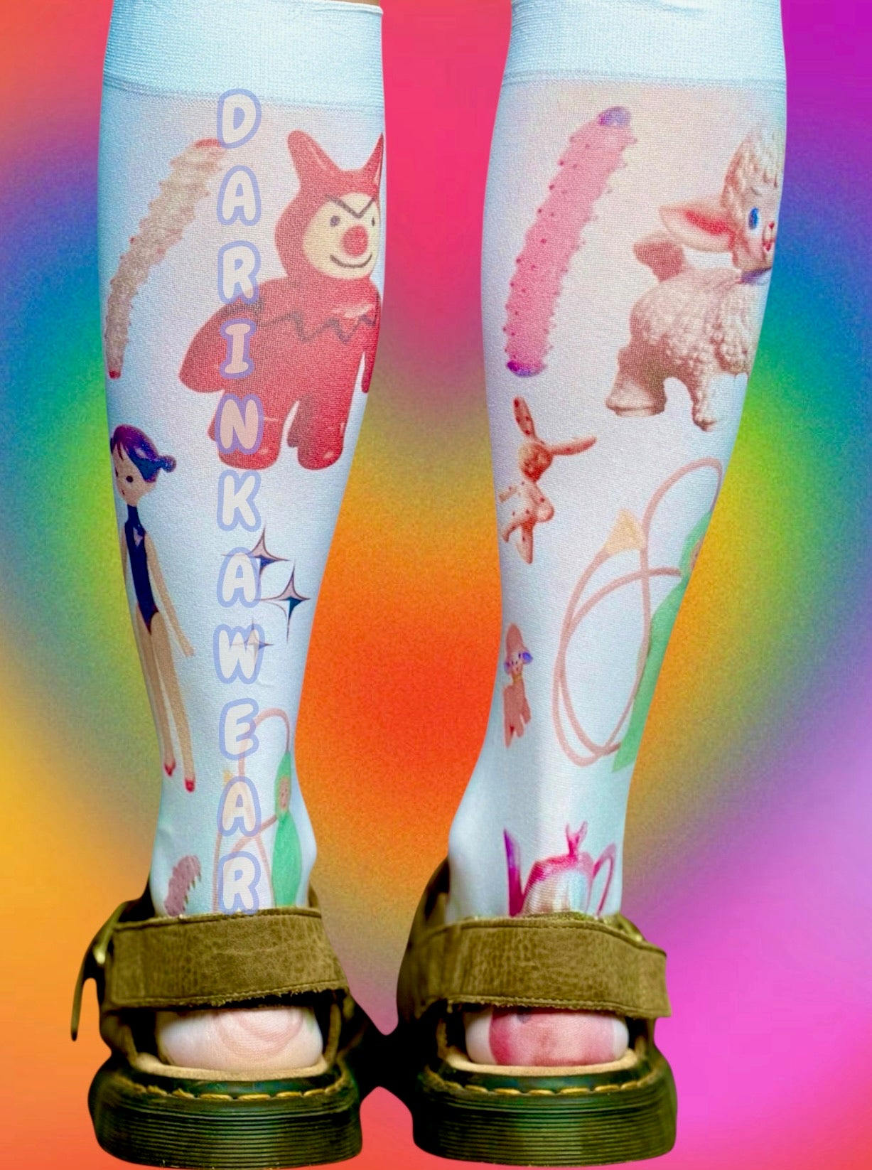 Retro Babycore Socks | 80 Den Vintage Deer & Toy Print Knee-Highs | Y2K Kawaii Coquette Gift