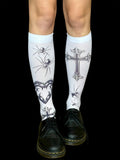 Handmade Gothic Knee High Socks – White Cross Spider Heart Print Stockings, Y2K Alt Goth Festival Leg Warmers, Creepy Cute Punk Accessories
