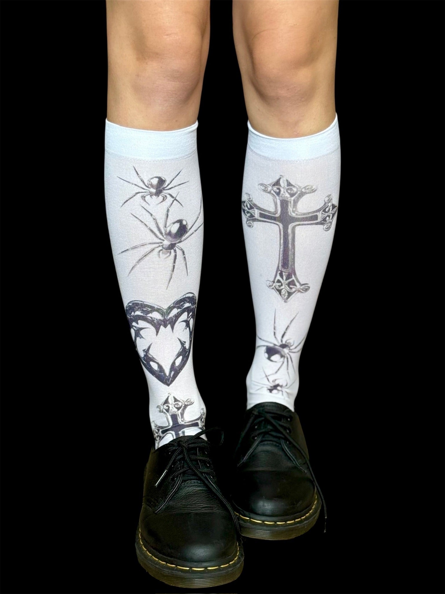 Handmade Gothic Knee High Socks – White Cross Spider Heart Print Stockings, Y2K Alt Goth Festival Leg Warmers, Creepy Cute Punk Accessories