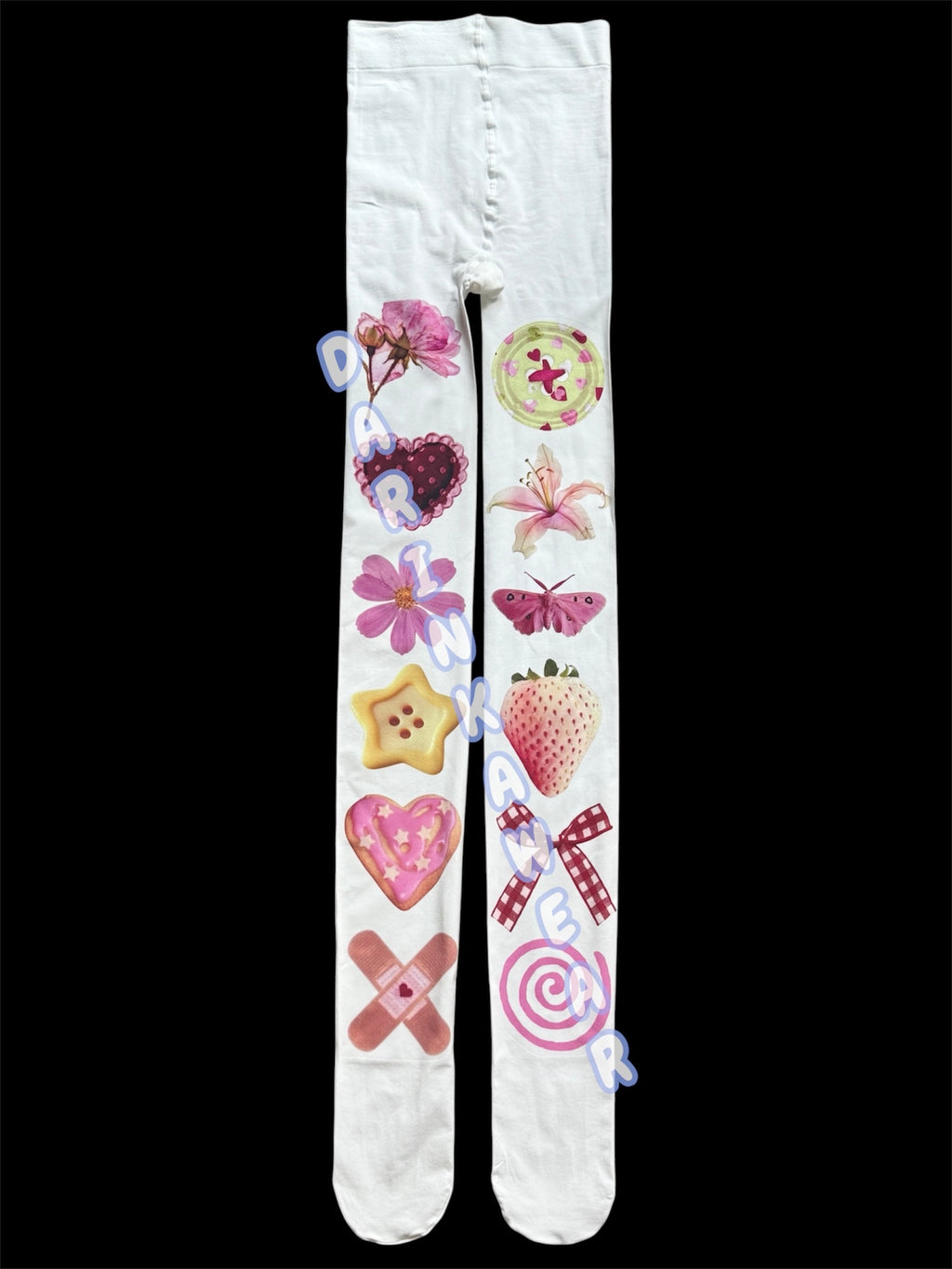 Kawaii Coquette Tights, Pastel Fairycore Pantyhose, Strawberry Heart Tights