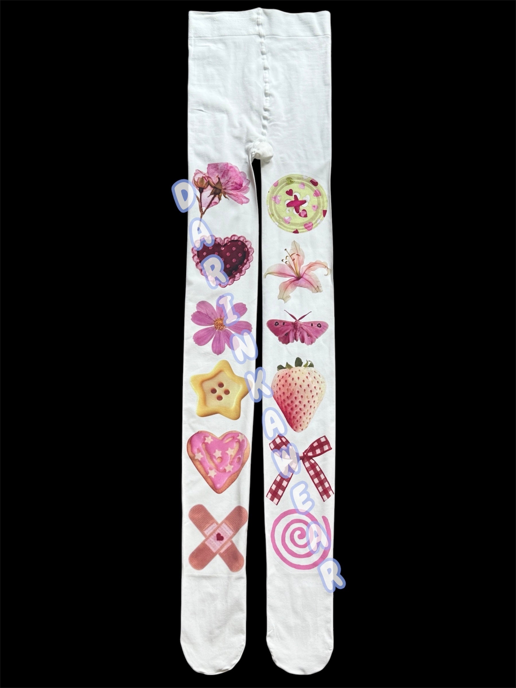 Kawaii Coquette Tights, Pastel Fairycore Pantyhose, Strawberry Heart Tights