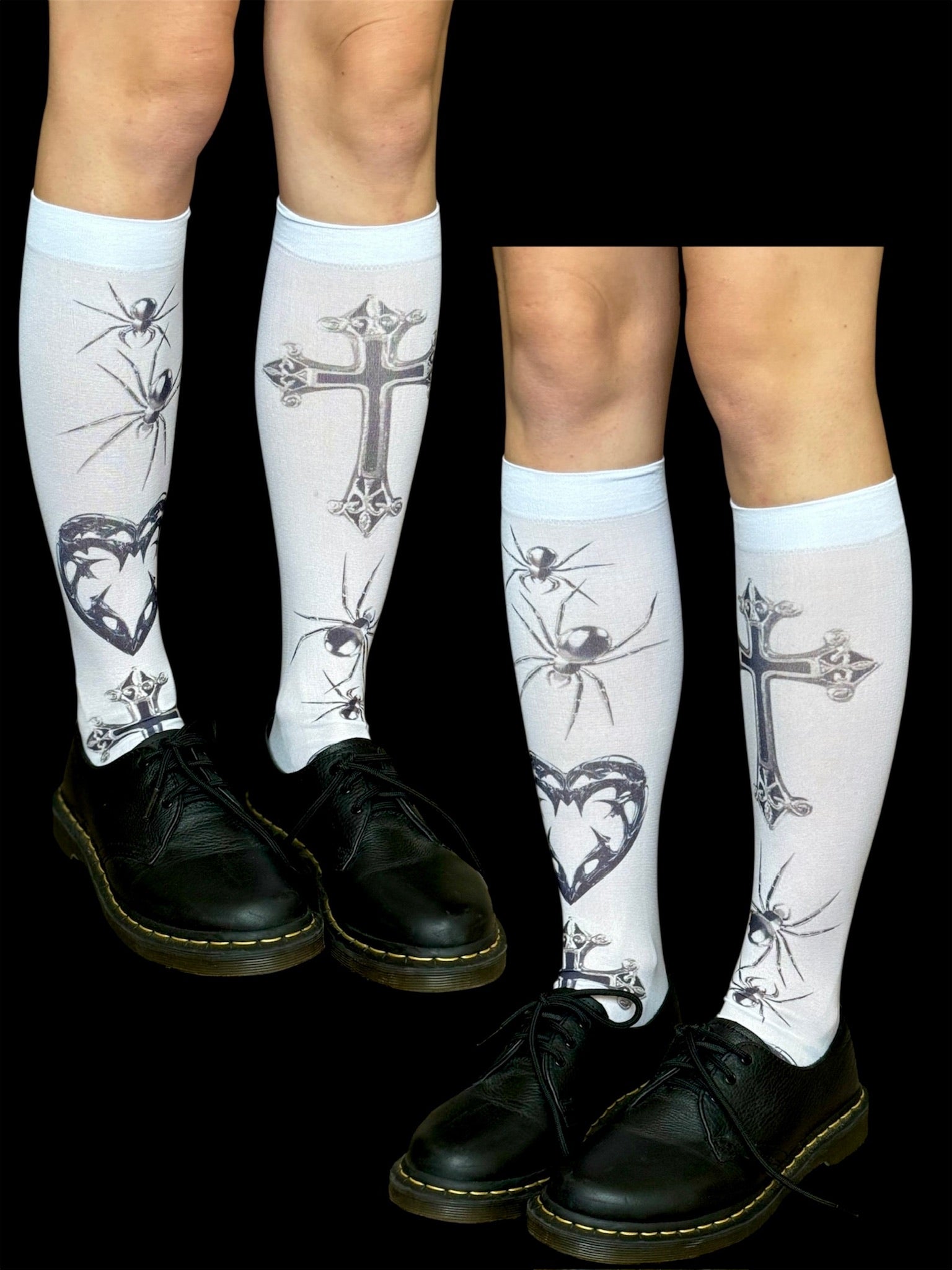 Handmade Gothic Knee High Socks – White Cross Spider Heart Print Stockings, Y2K Alt Goth Festival Leg Warmers, Creepy Cute Punk Accessories