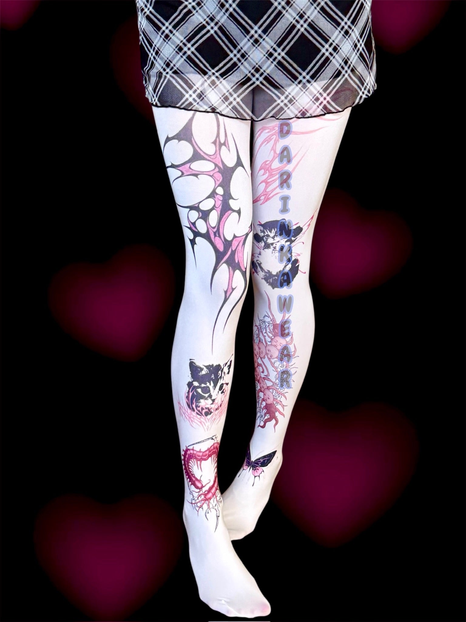Goth Cat Tights, Creepy Cute Tattoo Leggings, Handmade Gift S-5XL