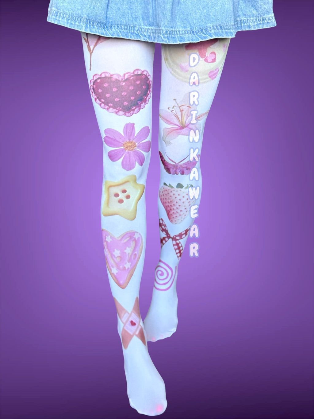 Kawaii Coquette Tights, Pastel Fairycore Pantyhose, Strawberry Heart Tights