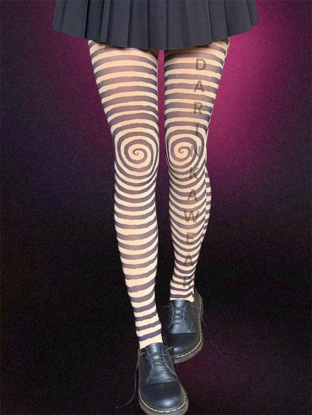 Black & Beige Spiral Striped Tights – Hypnotic Y2K Illusion Pantyhose