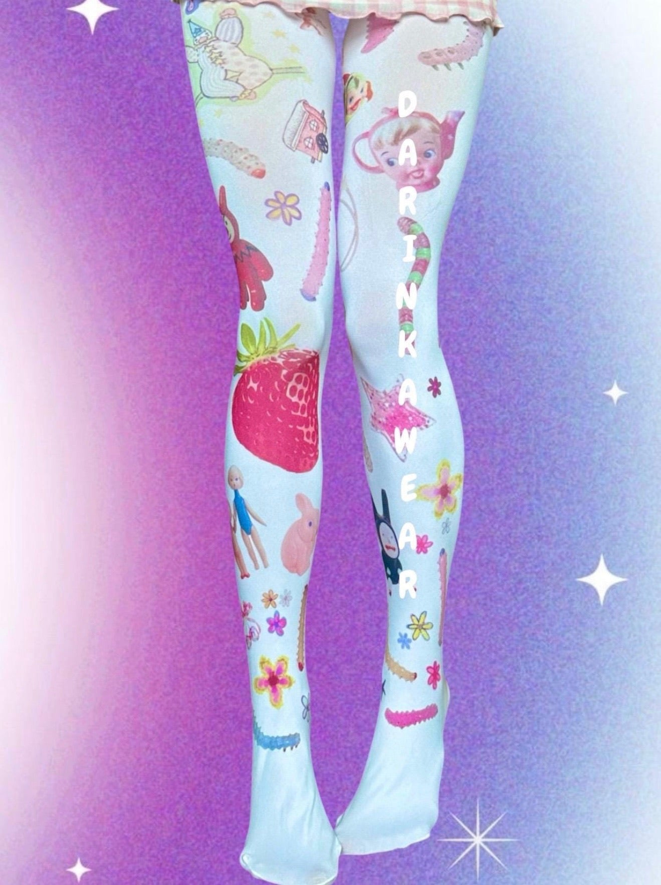 White Creepy Doll Strawberry Tights | Vintage Weirdcore Y2K Aesthetic 80 Den