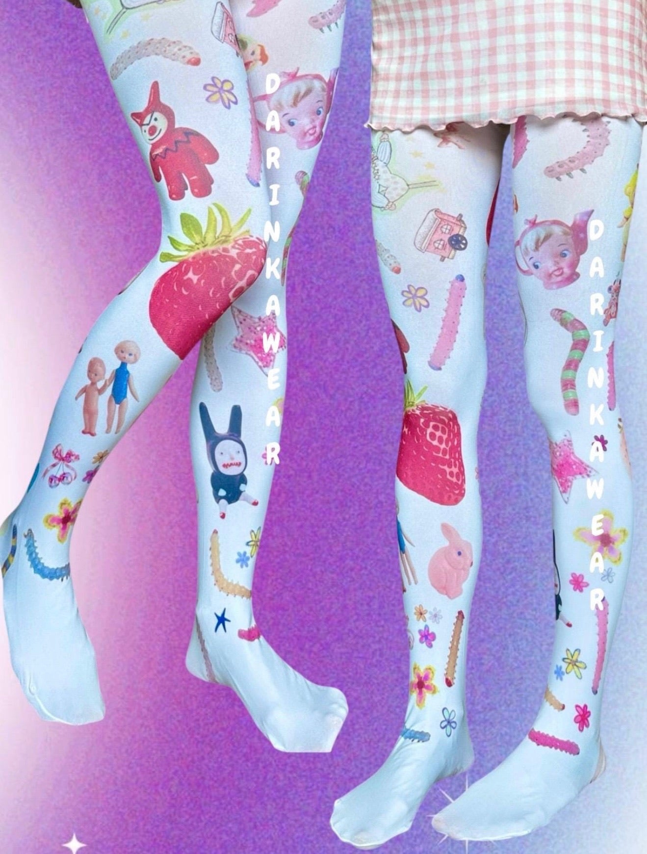 White Creepy Doll Strawberry Tights | Vintage Weirdcore Y2K Aesthetic 80 Den