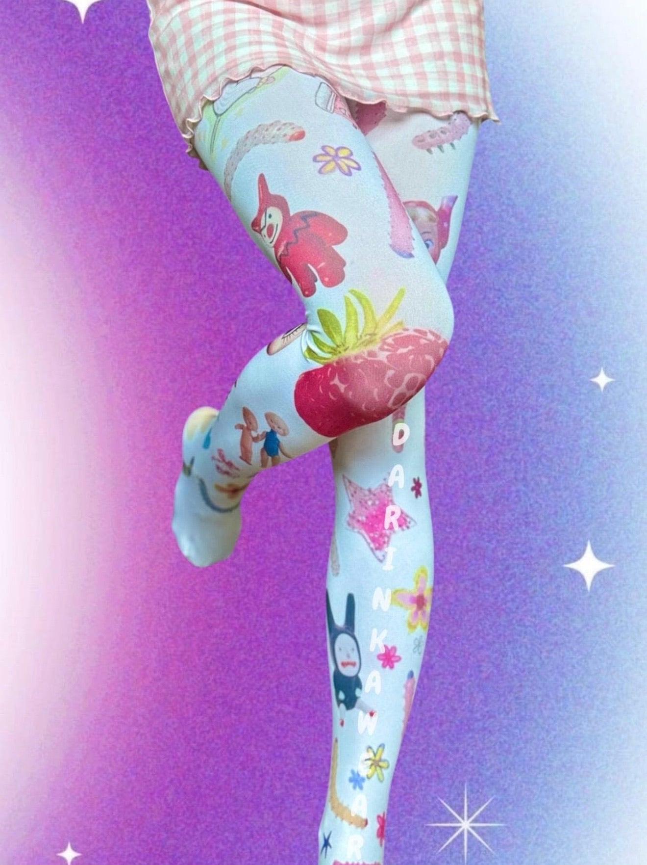 White Creepy Doll Strawberry Tights | Vintage Weirdcore Y2K Aesthetic 80 Den
