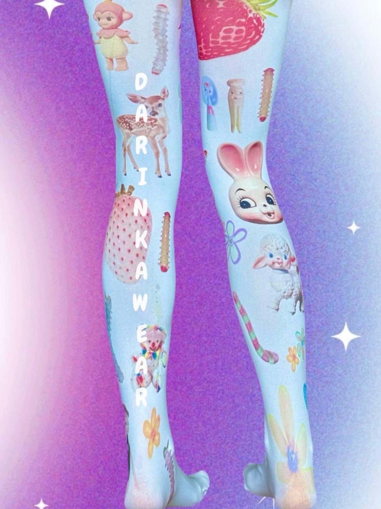 White Creepy Doll Strawberry Tights | Vintage Weirdcore Y2K Aesthetic 80 Den