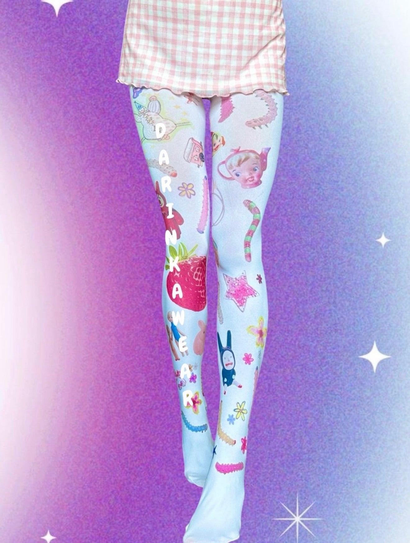 White Creepy Doll Strawberry Tights | Vintage Weirdcore Y2K Aesthetic 80 Den