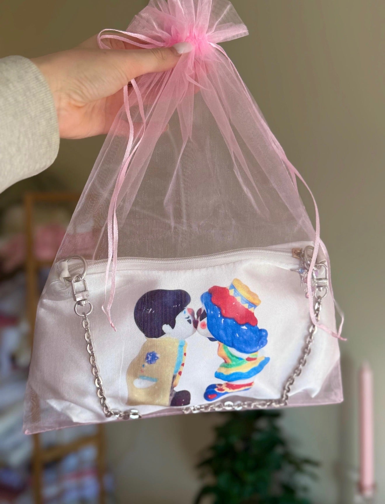 Kissing Clowns Satin Shoulder Bag | Y2K Weirdcore Purse | Vintage Camp Aesthetic Handbag | Alt Creepy Cute Bag