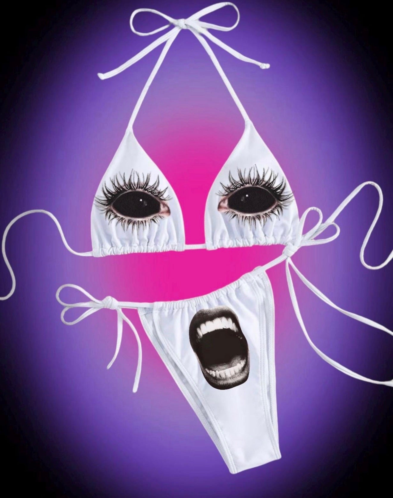 Eye Scream Bikini – Surreal White Bikini with Eyes & Screaming Mouth | Weirdcore Y2K Swimwear