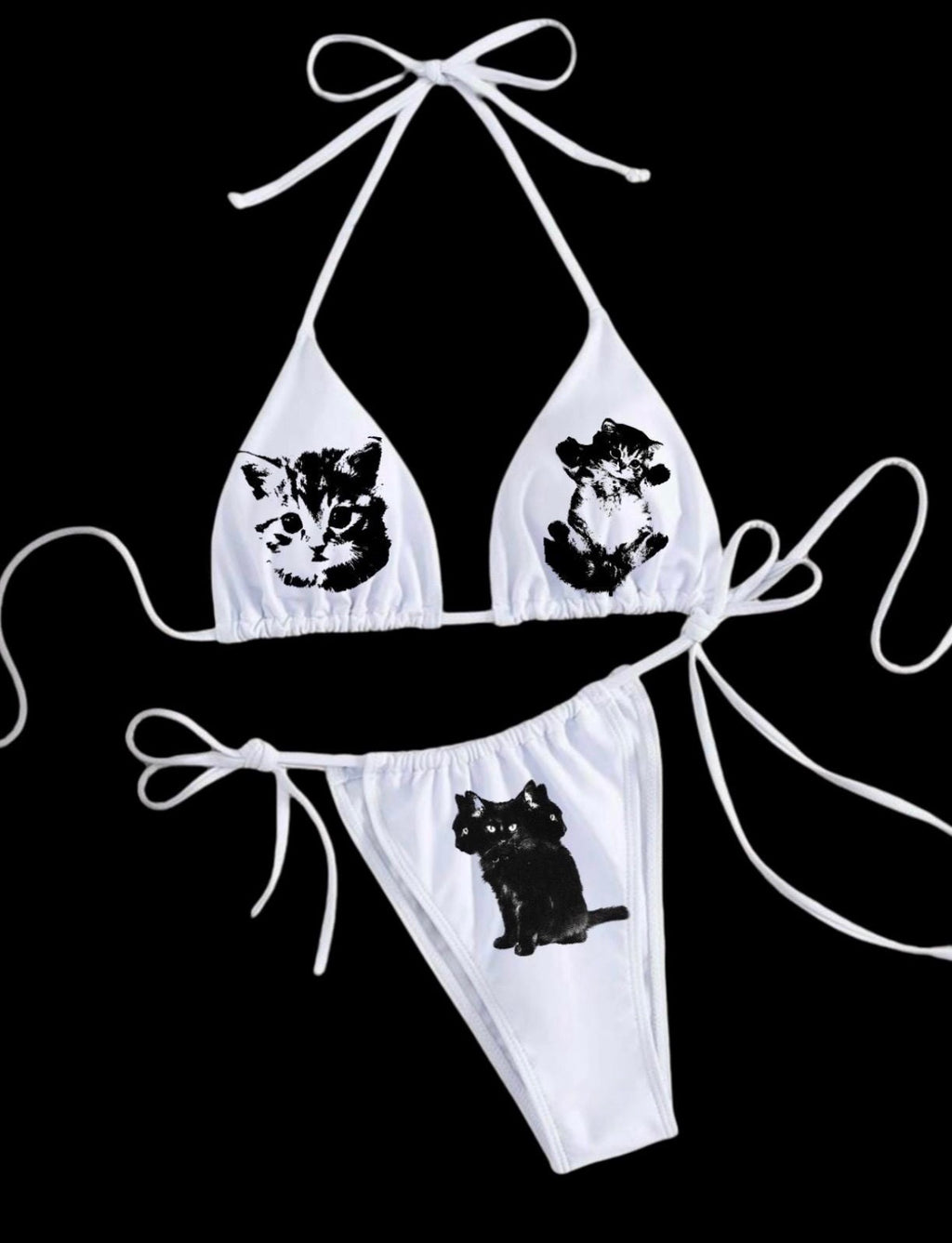 Bite Me Cat Bikini – White Triangle Bikini with Black Kitten Print | Edgy Y2K Swimwear