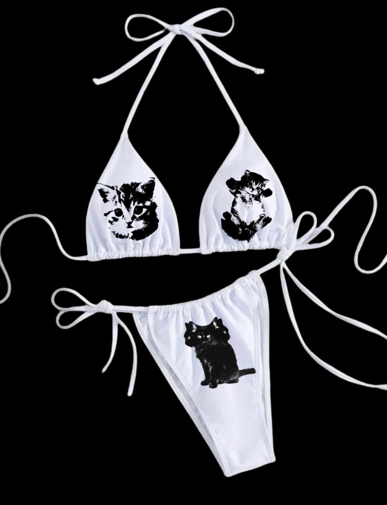 Bite Me Cat Bikini – White Triangle Bikini with Black Kitten Print | Edgy Y2K Swimwear