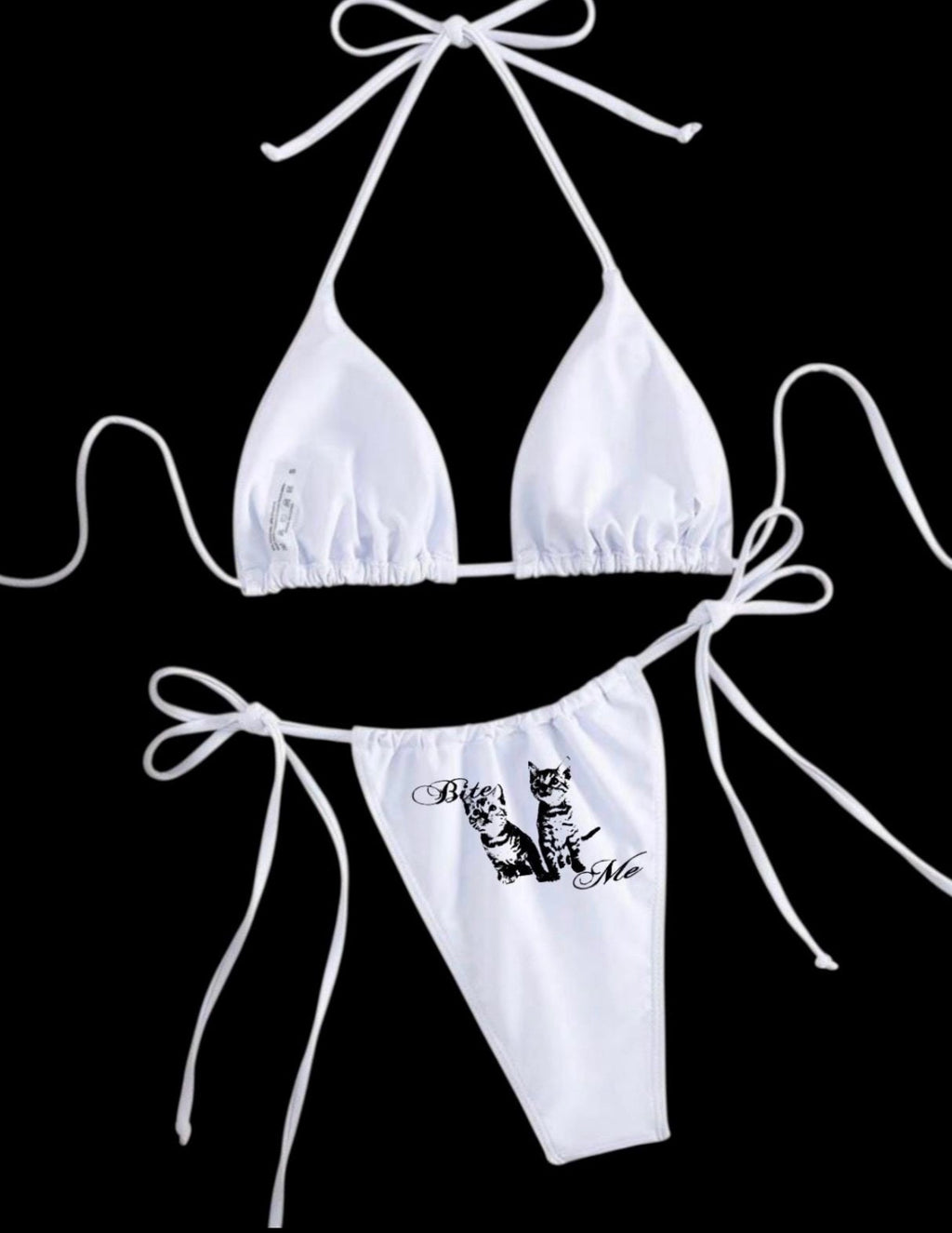 Bite Me Cat Bikini – White Triangle Bikini with Black Kitten Print | Edgy Y2K Swimwear