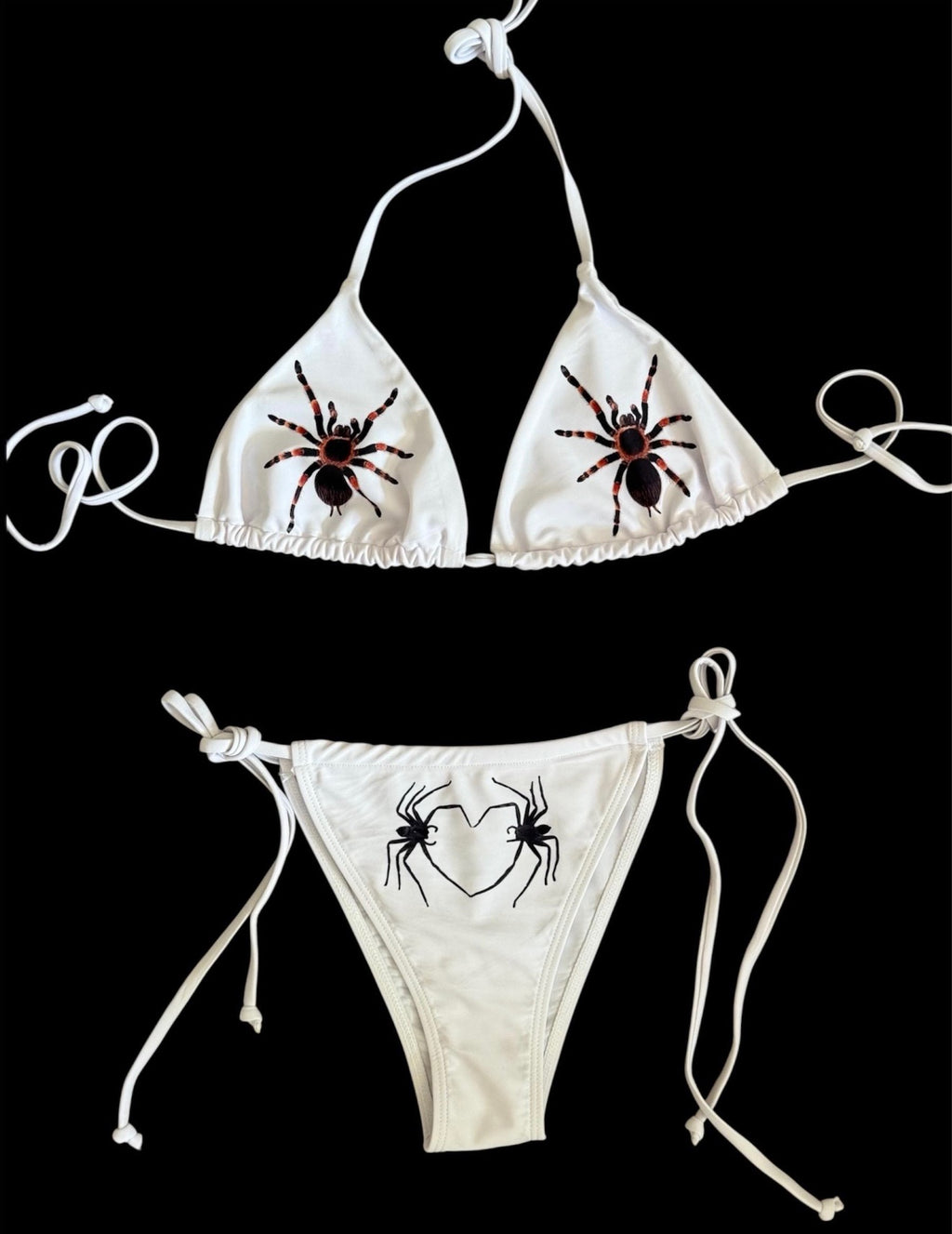 Spider Bikini – White Triangle Bikini with Tarantula & Black Widow Print – Y2K Alt Horrorcore Creepy Swimwear