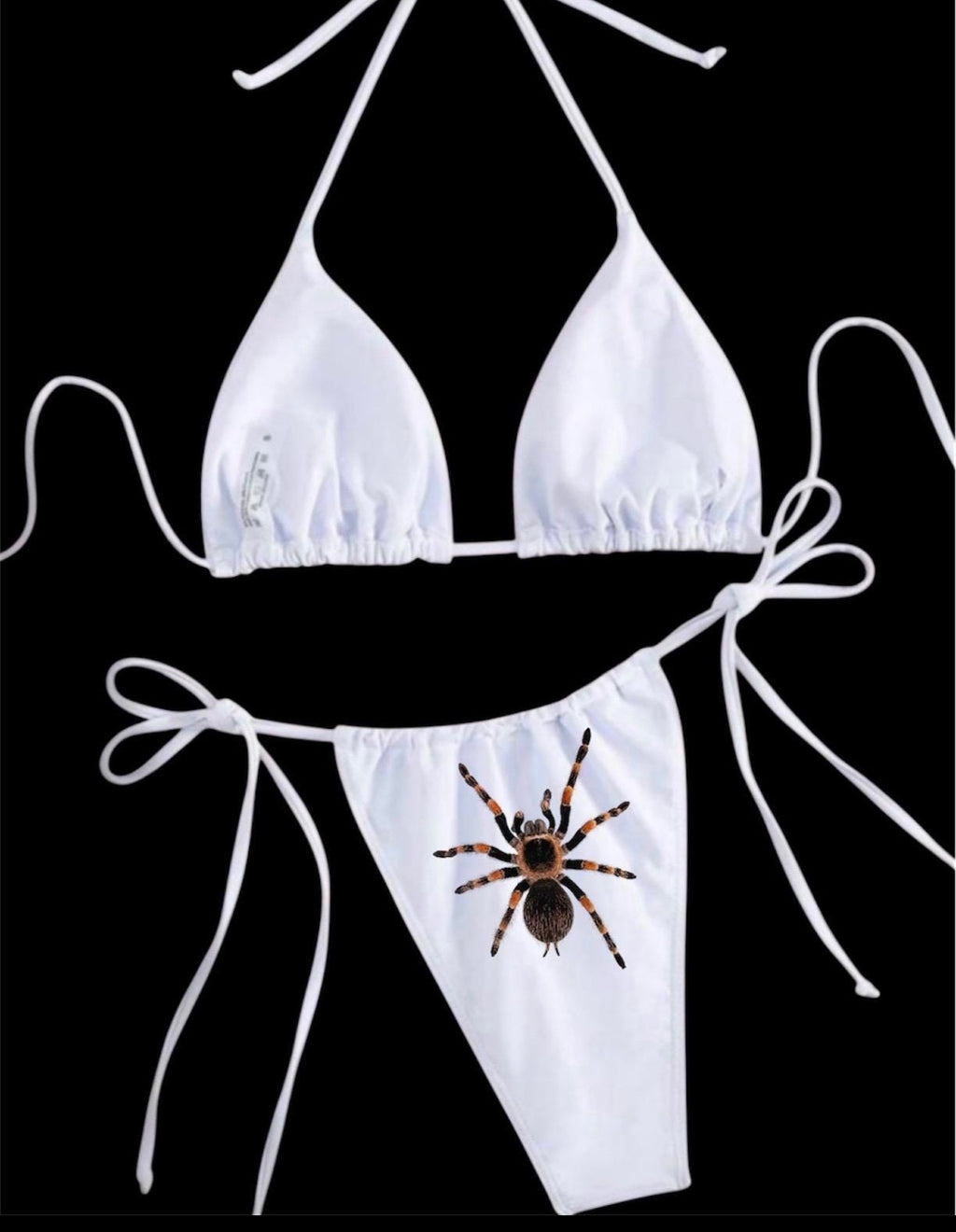 Spider Bikini – White Triangle Bikini with Tarantula & Black Widow Print – Y2K Alt Horrorcore Creepy Swimwear