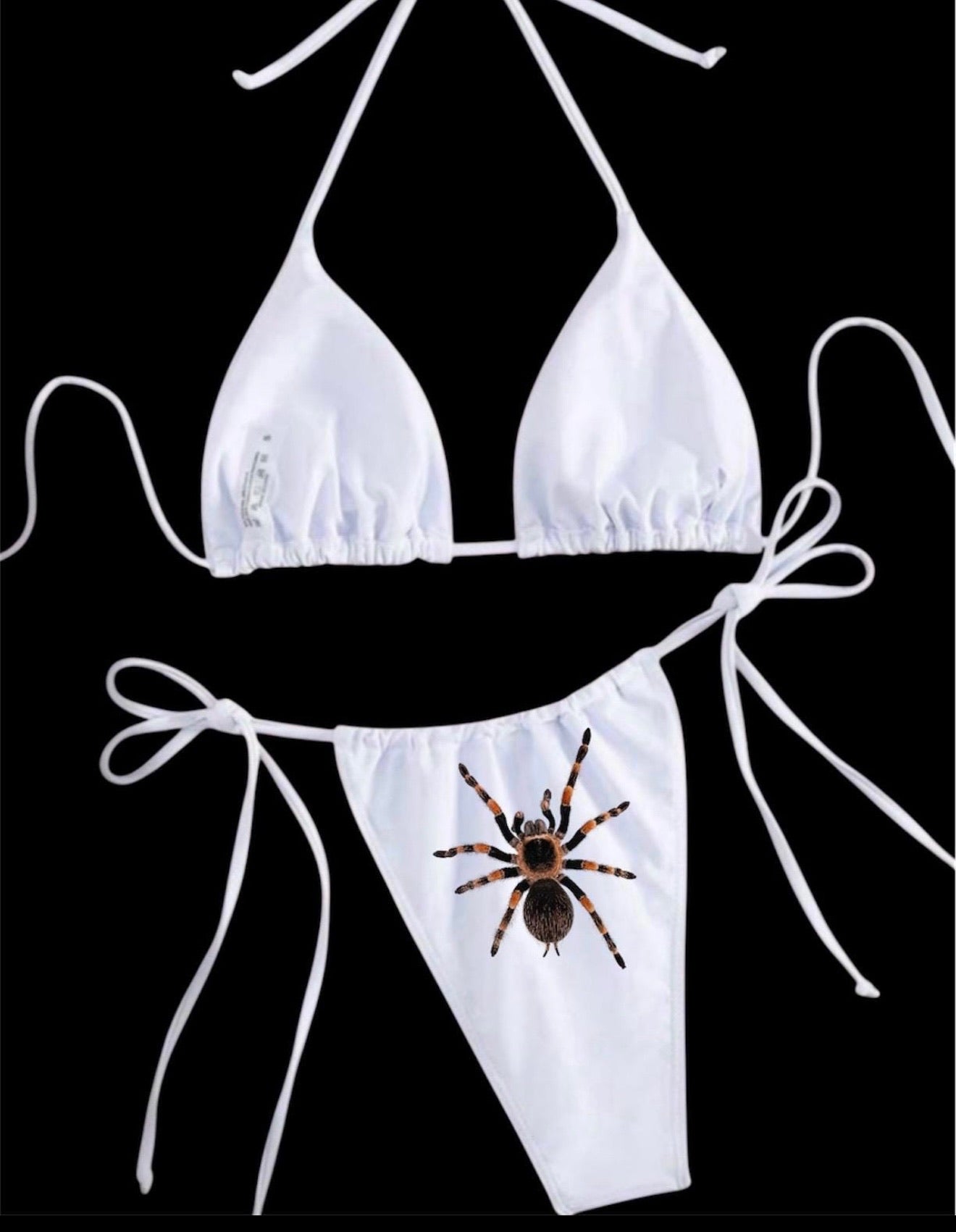Spider Bikini – White Triangle Bikini with Tarantula & Black Widow Print – Y2K Alt Horrorcore Creepy Swimwear