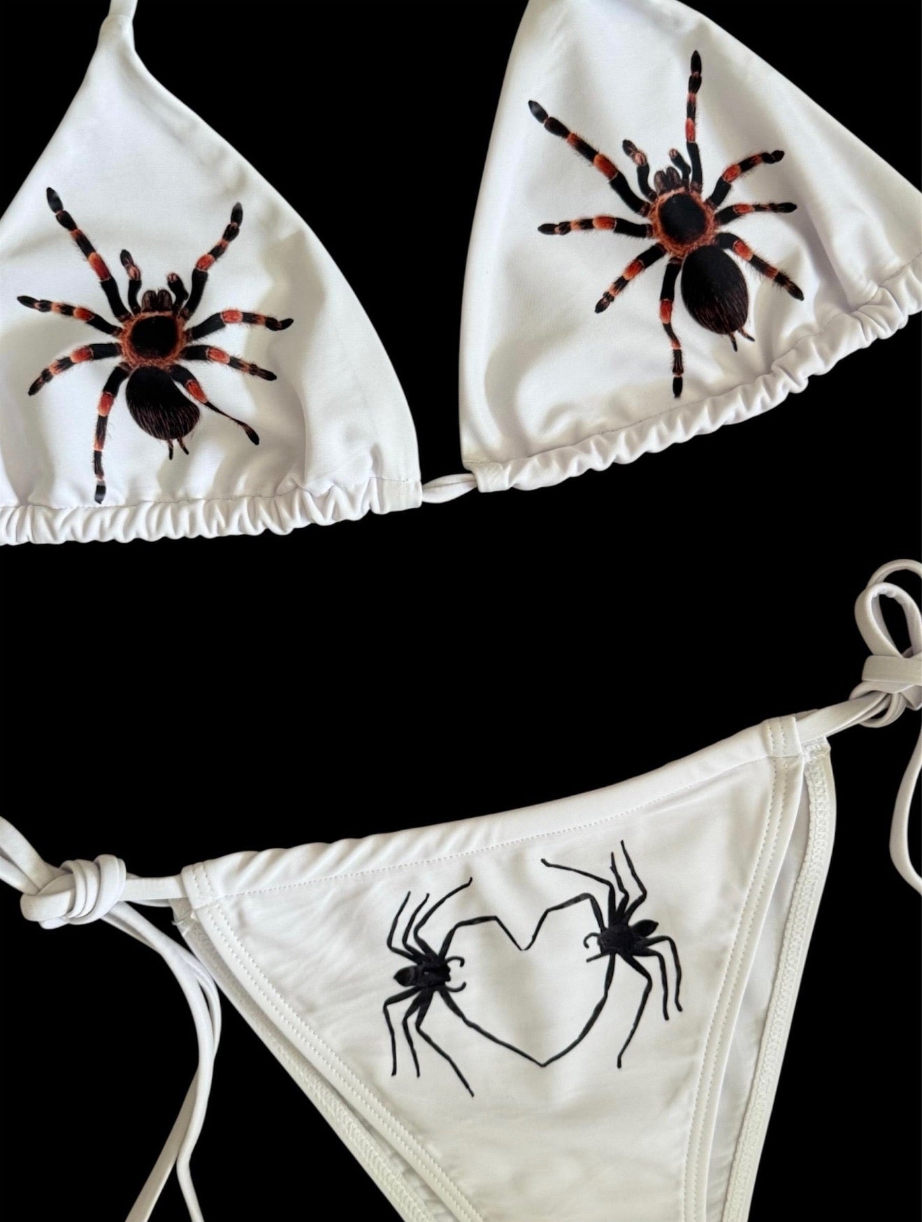 Spider Bikini – White Triangle Bikini with Tarantula & Black Widow Print – Y2K Alt Horrorcore Creepy Swimwear