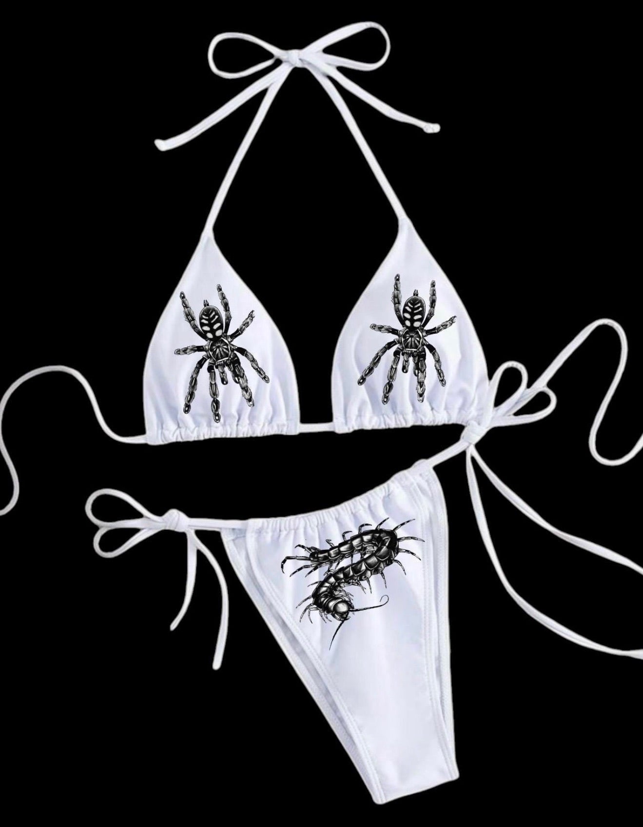 White Spider & Centipede Print Bikini – Y2K Goth Alternative Swimwear – Creepy Cute Bug Print Triangle Bikini Set – Festival Beachwear