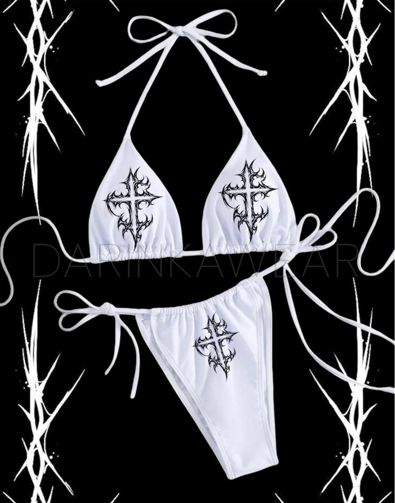Y2K Gothic Cross Bikini, Alt Goth Swimsuit, Edgy Cross Print Triangle Bikini