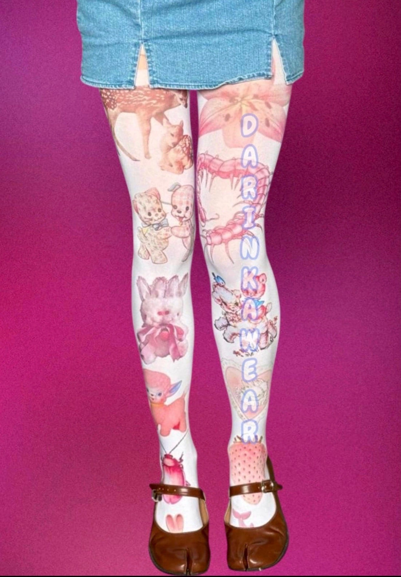 Pink Creepy Cute Tights | 80 Den Y2K Fairycore Alt Tights | Kawaii Vintage Print