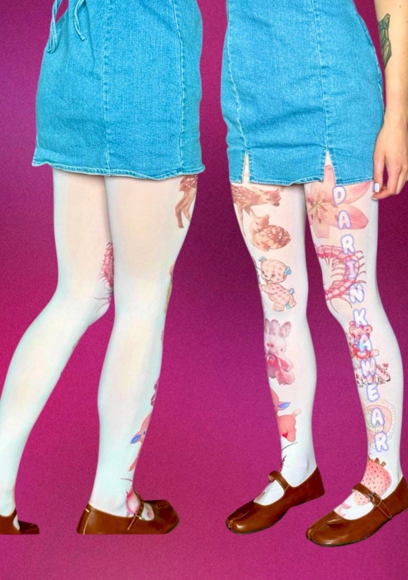 Pink Creepy Cute Tights | 80 Den Y2K Fairycore Alt Tights | Kawaii Vintage Print